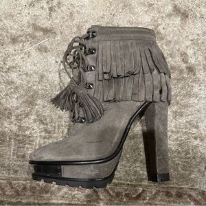 [BRIAN ATWOOD] “Tempesta” Fringed Suede Lace-Up Ankle Booties - Gray
